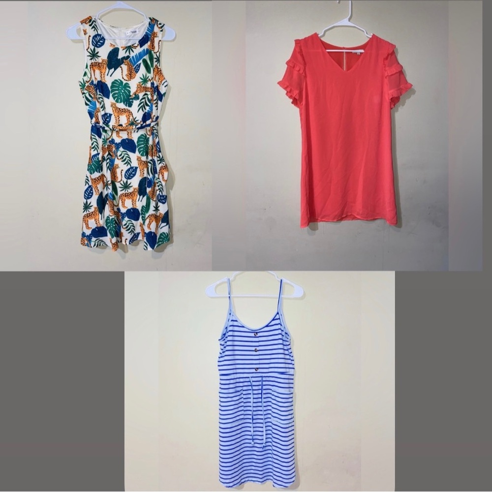 Reina cheetah, striped cami, coral dress